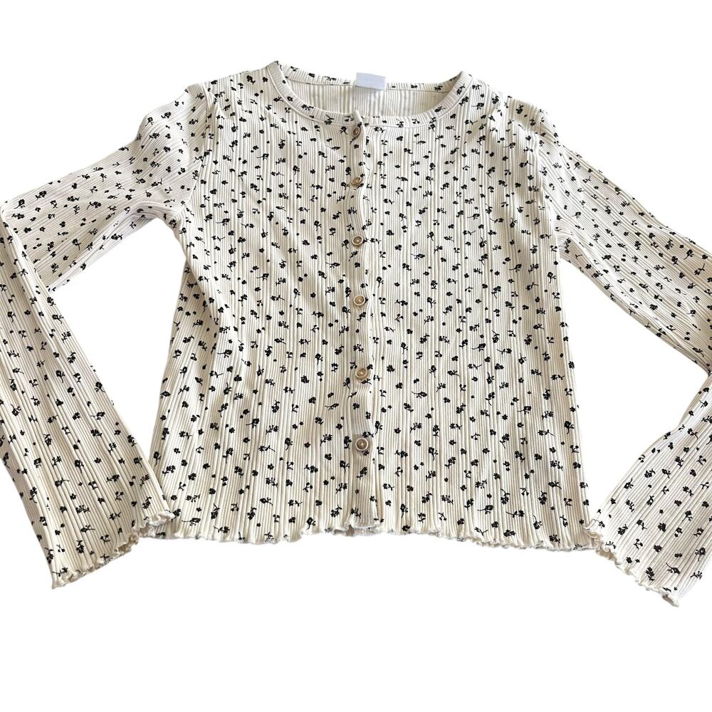Zara Girls Ribbed Ecru Black Floral Print Button Front Long Sleeve Top Cardigan